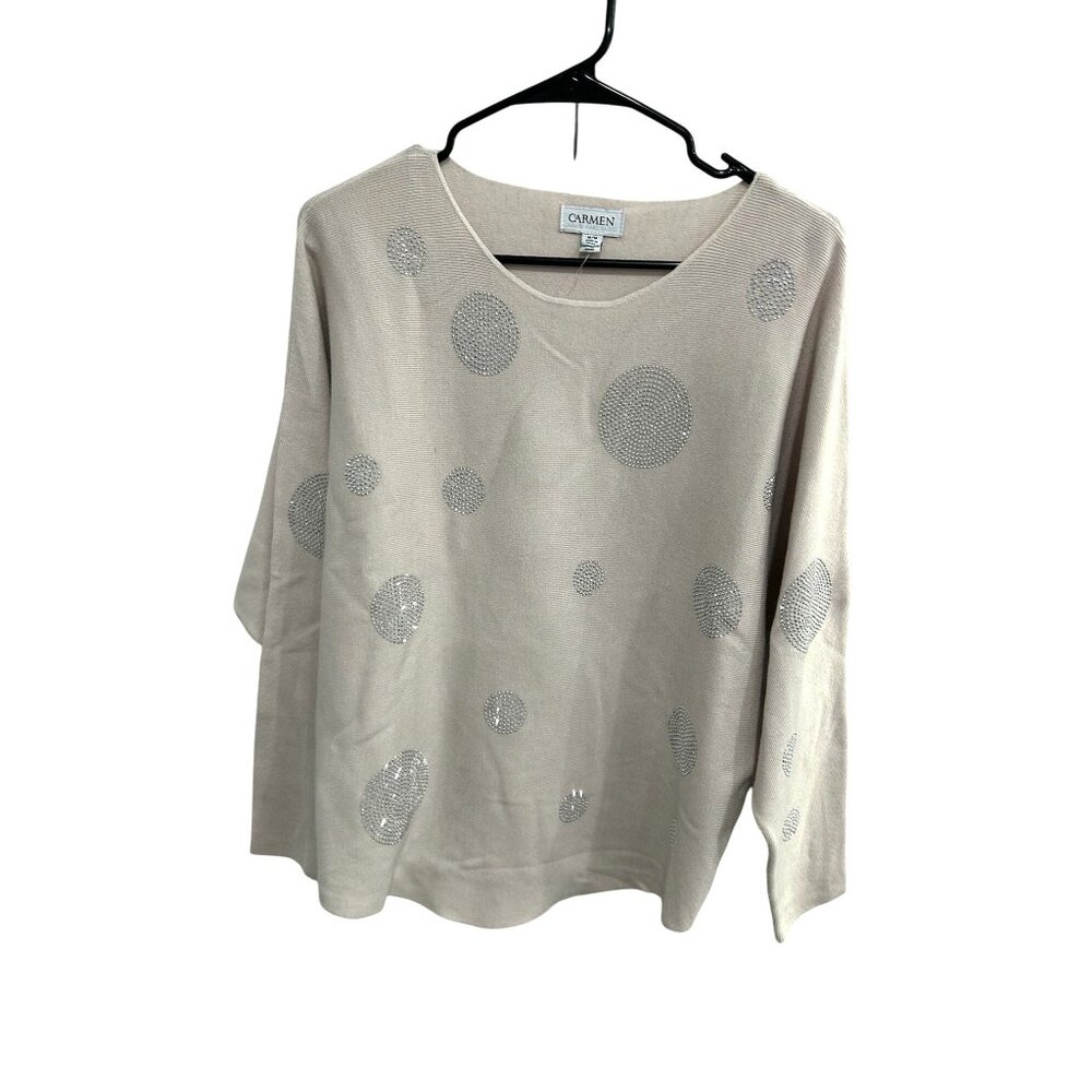 Carmen Marc Valvo Beige Rhinestone Polka Dot Sweater Top Size M Embellished NWT